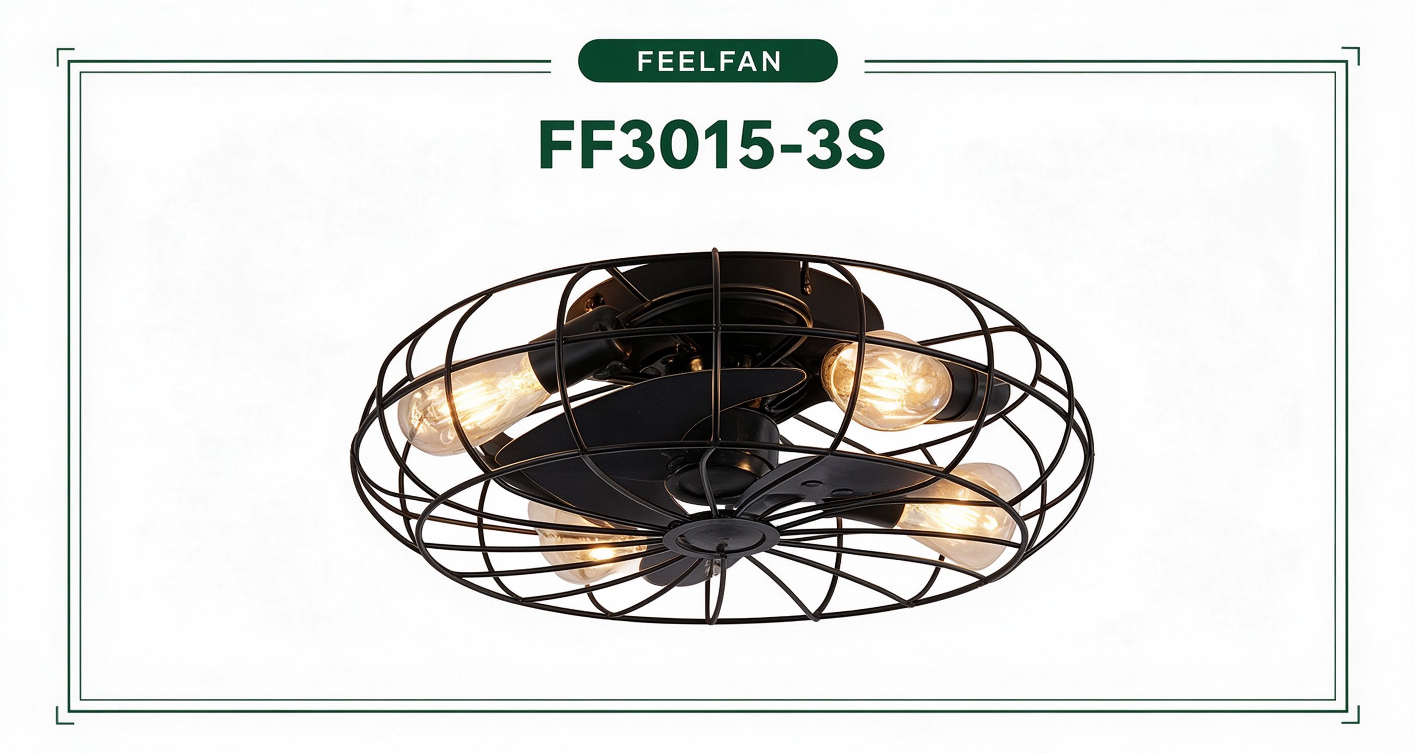 FEELFAN FF3015-3S 3-Blade Caged AC Ceiling Fan with Light variant 2 — Black
